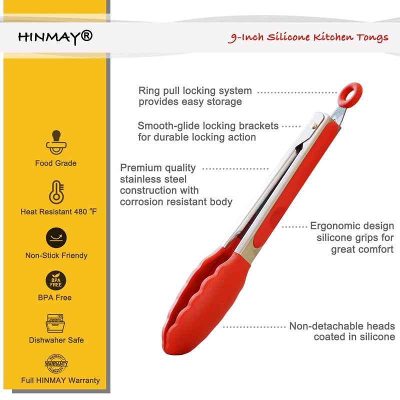HINMAY 9" Silicone Kitchen Tongs with Silicon tips, Set of 3 (Red Blue Green) - Image 2